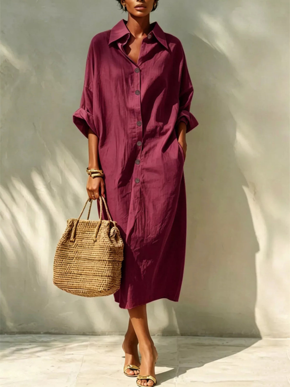 Burgundy button-front shirt dress with short sleeves and collared neckline