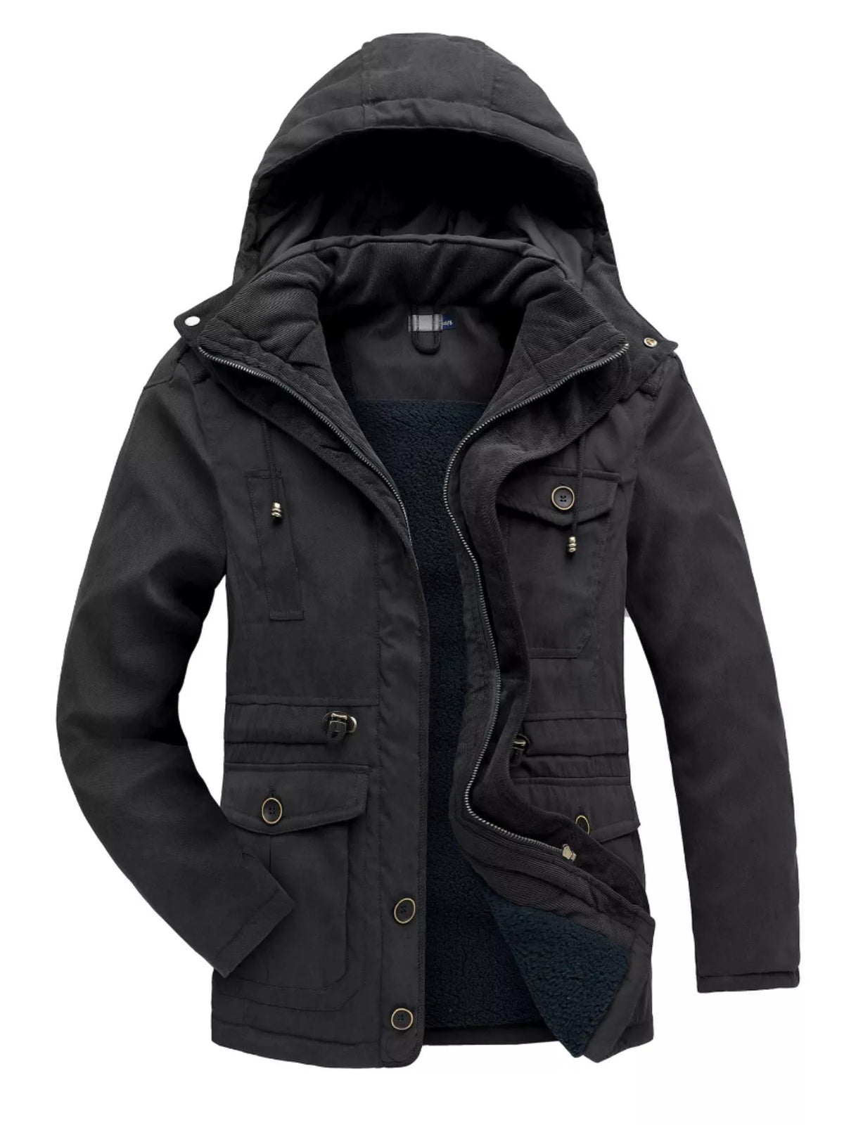 Men's black hooded zip-up winter jacket with sherpa lining and snap front pockets