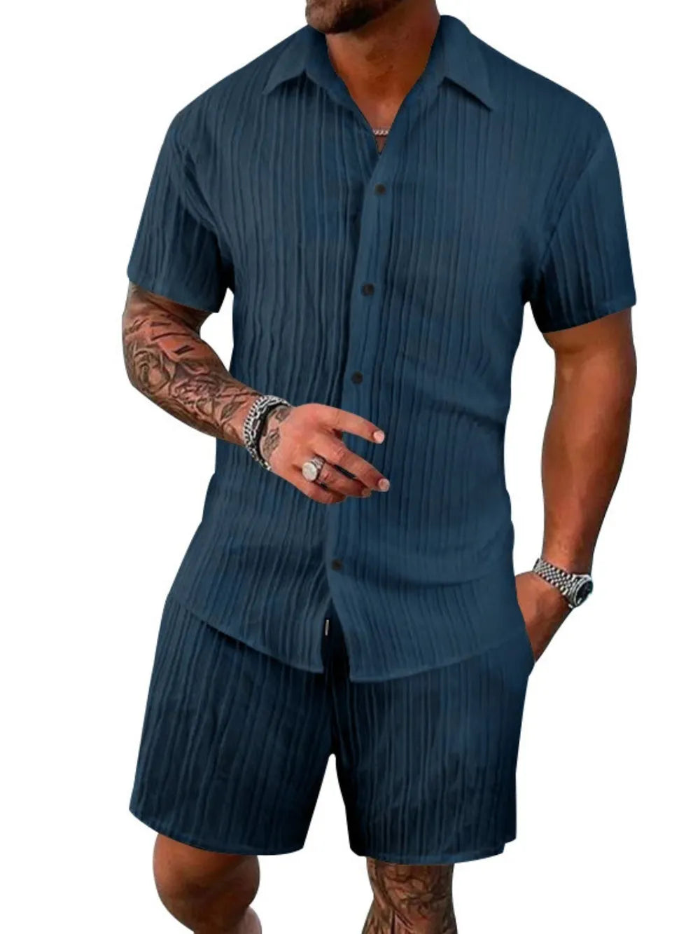 Men's short sleeve button-down shirt and shorts set, dark blue striped texture