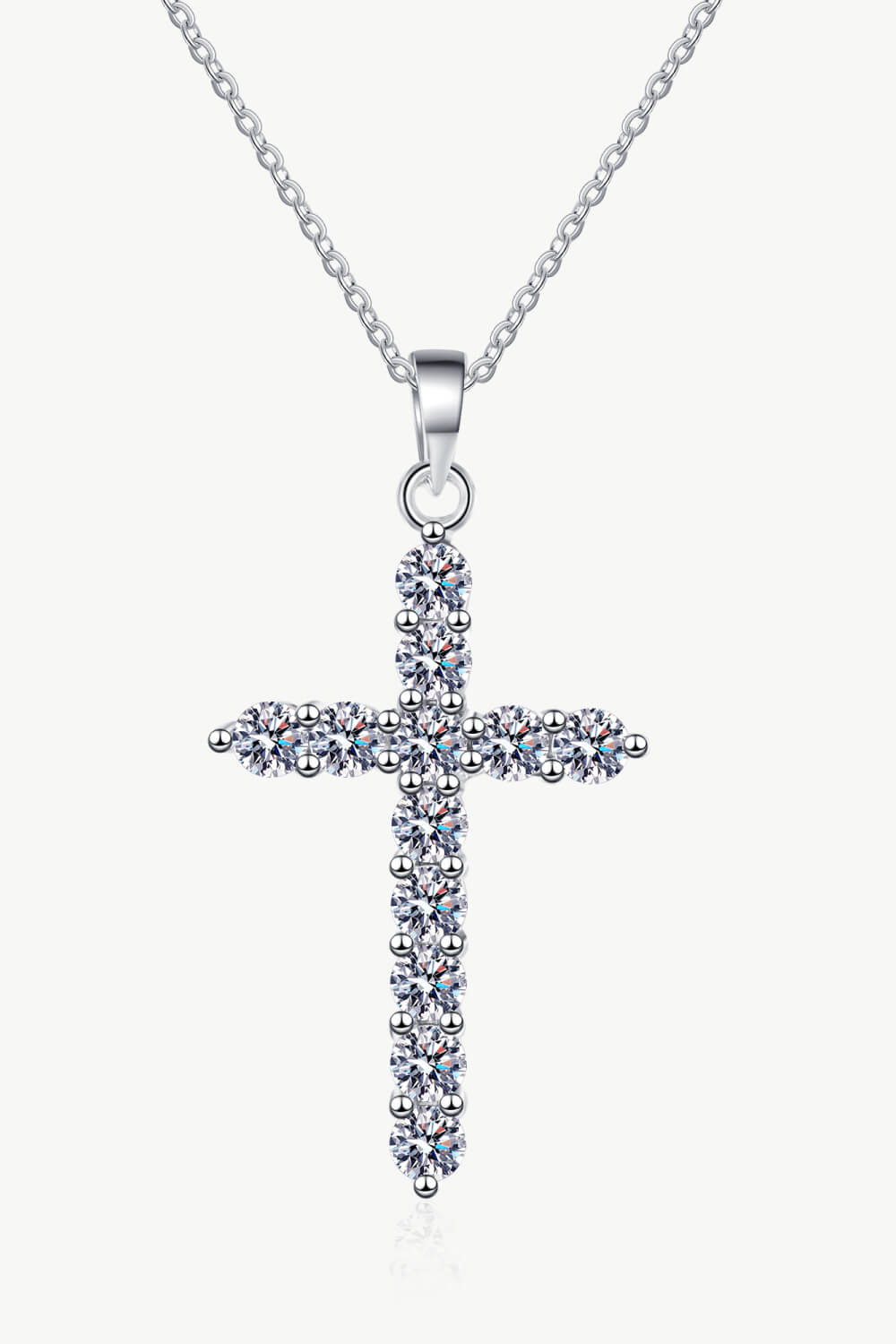 Silver moissanite cross pendant necklace with pavé stone cross on chain