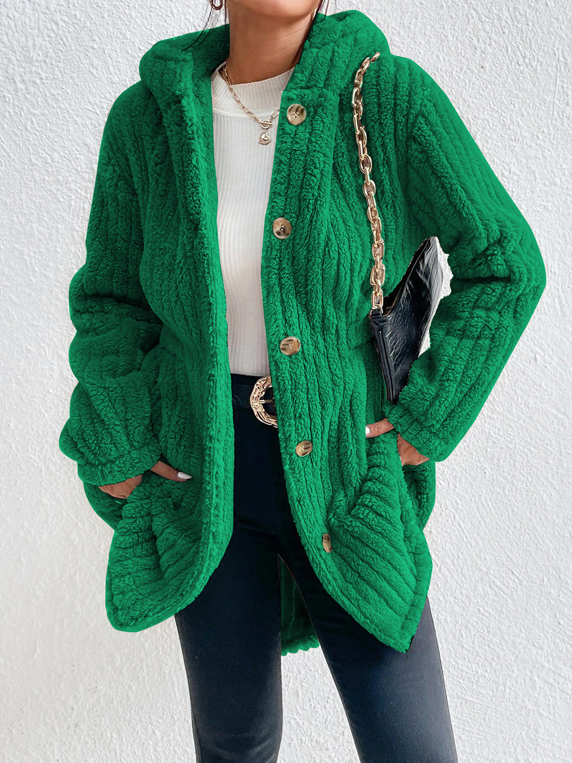 Green hooded coat with open button front, textured knit, long sleeves, gold buttons