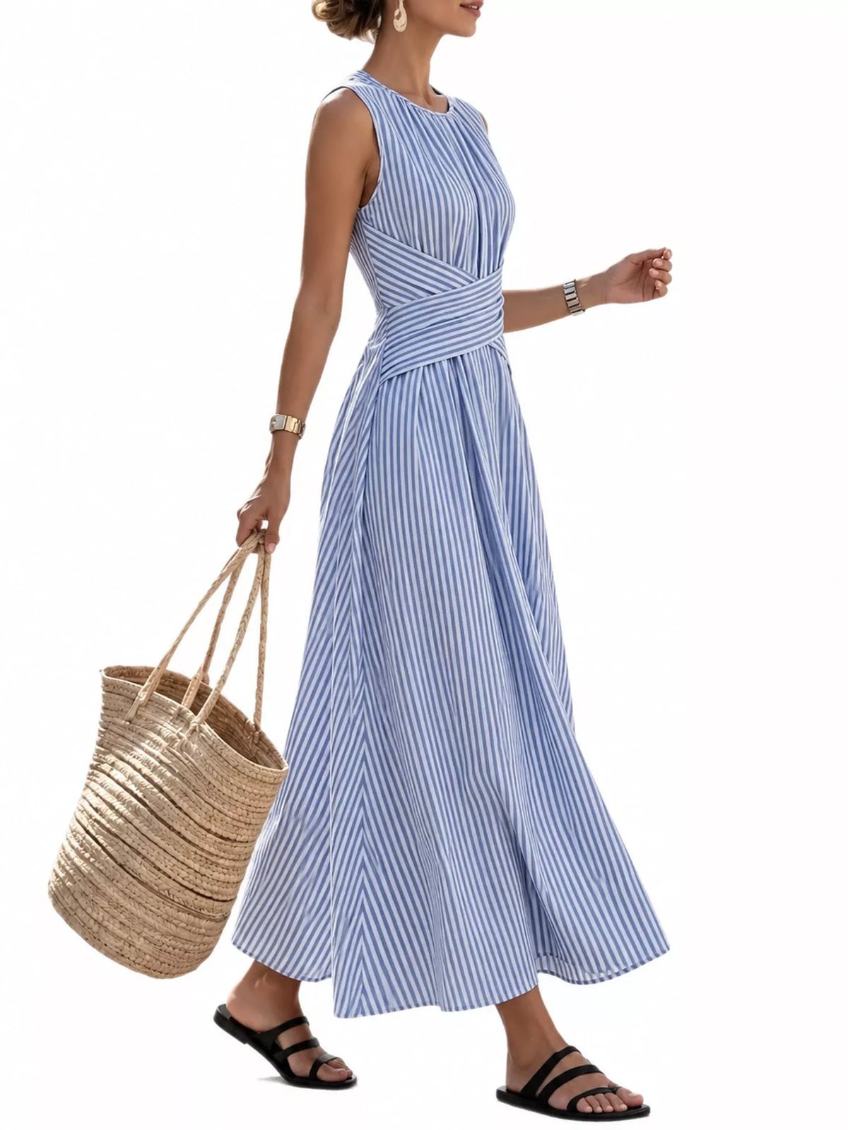 Blue striped sleeveless maxi dress with crisscross waist and flowing A-line skirt