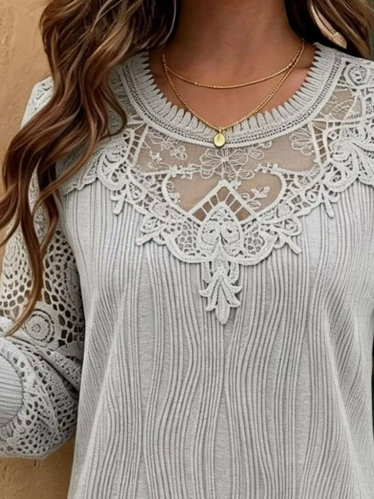 Light gray lace patchwork long-sleeve blouse with lace V-yoke and openwork panel details