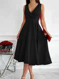 Black sleeveless A-line midi dress with V-neck and flared skirt