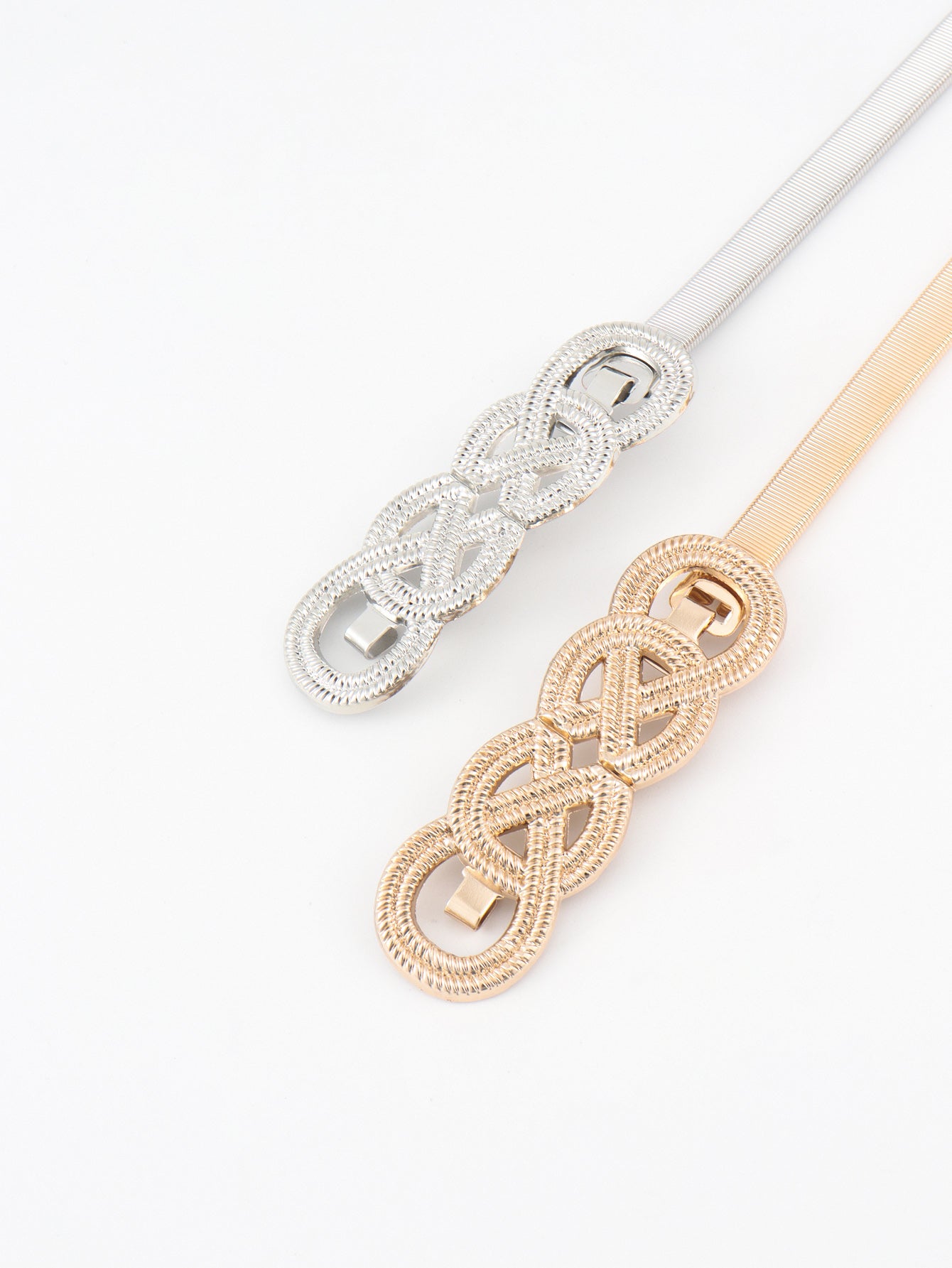 Knot-buckle metal belt with braided strap and interwoven oval clasp, silver and gold