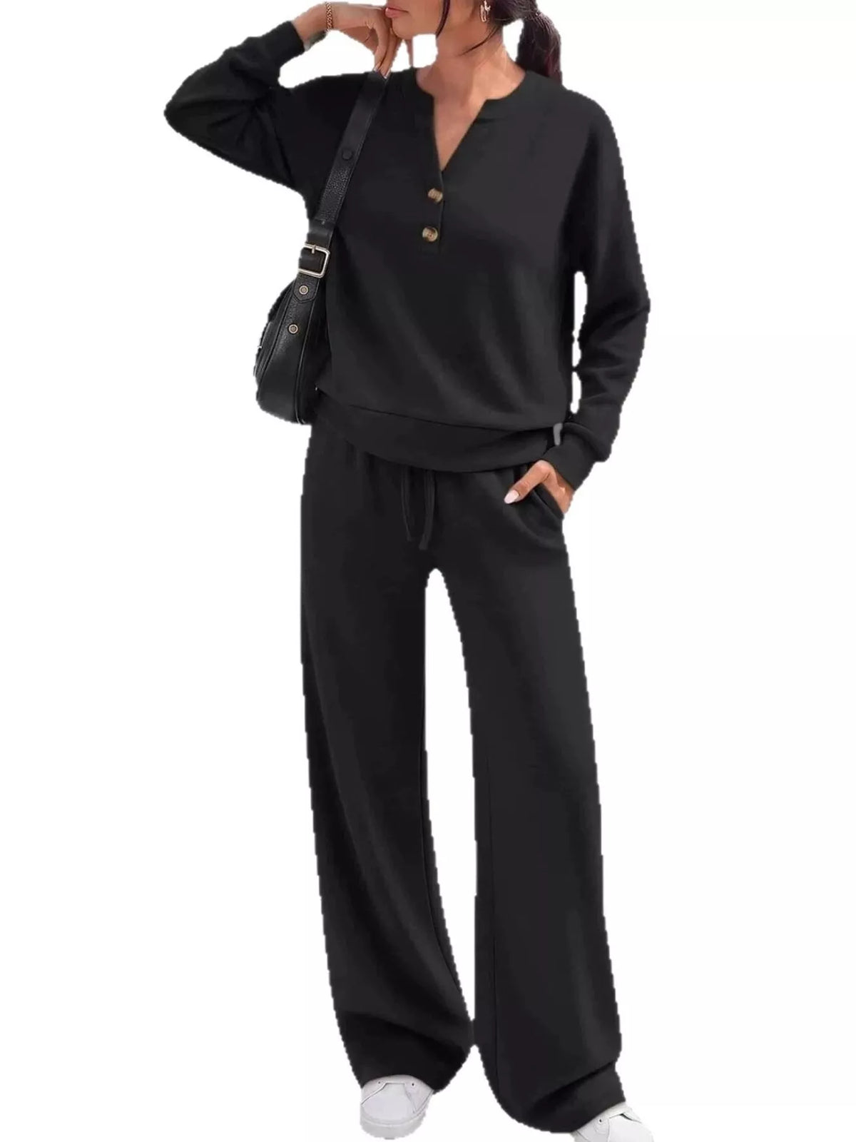 Black button-detail henley top and wide-leg drawstring pants set