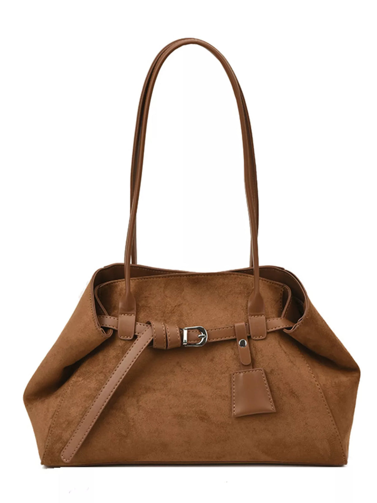 Brown suede buckle shoulder bag on white background with top handles and front patch