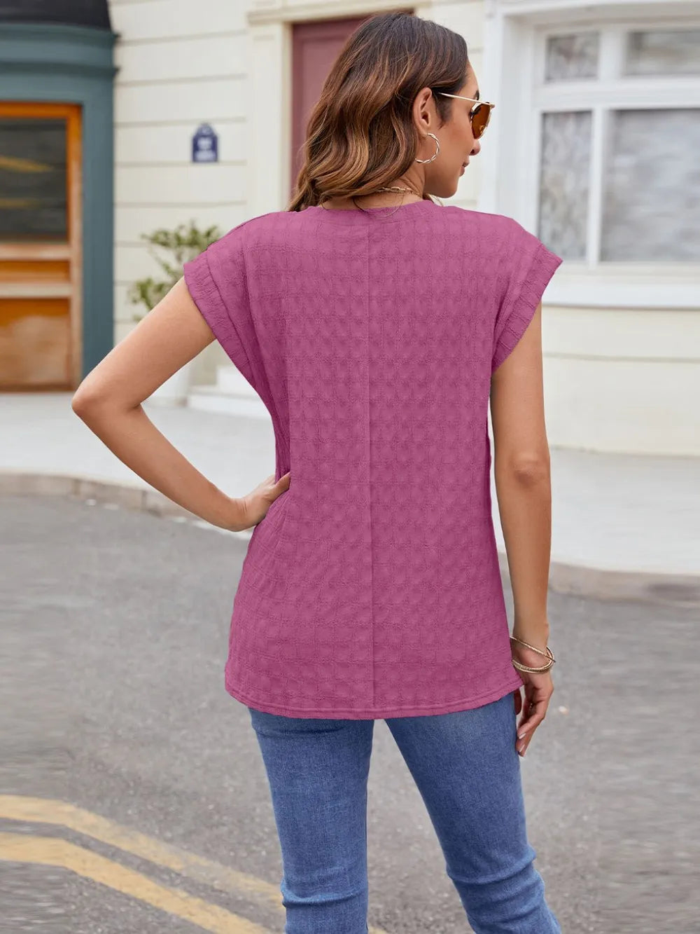 Wine/pink textured round-neck cap-sleeve T-shirt, back view
