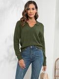 Army green cable-knit long sleeve sweater with Johnny collar V-neck