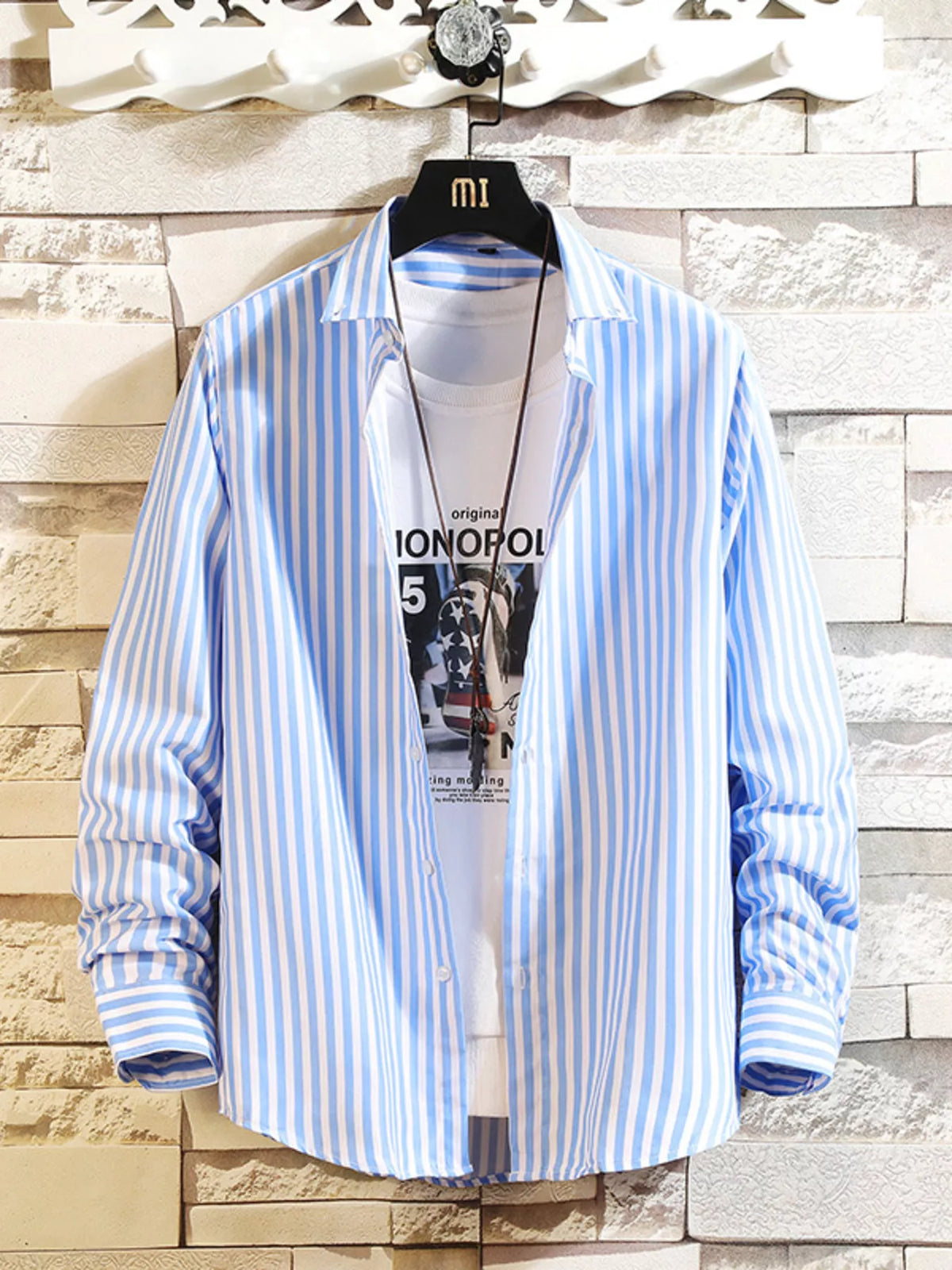 Men's striped casual button-up shirt in light blue with white vertical stripes