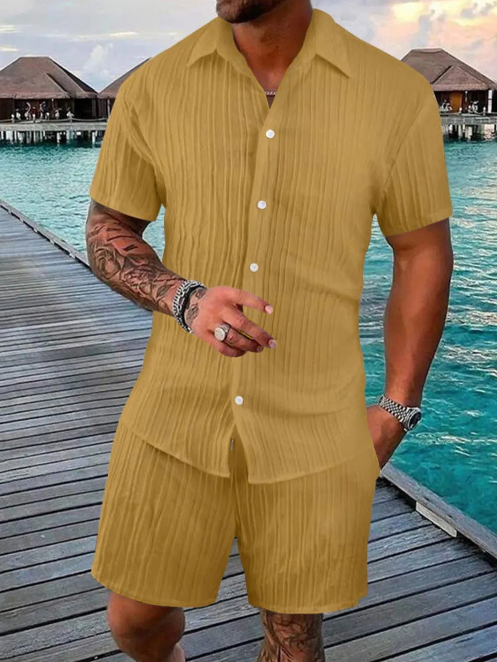 Men's short sleeve button-down shirt and shorts set, golden yellow striped texture