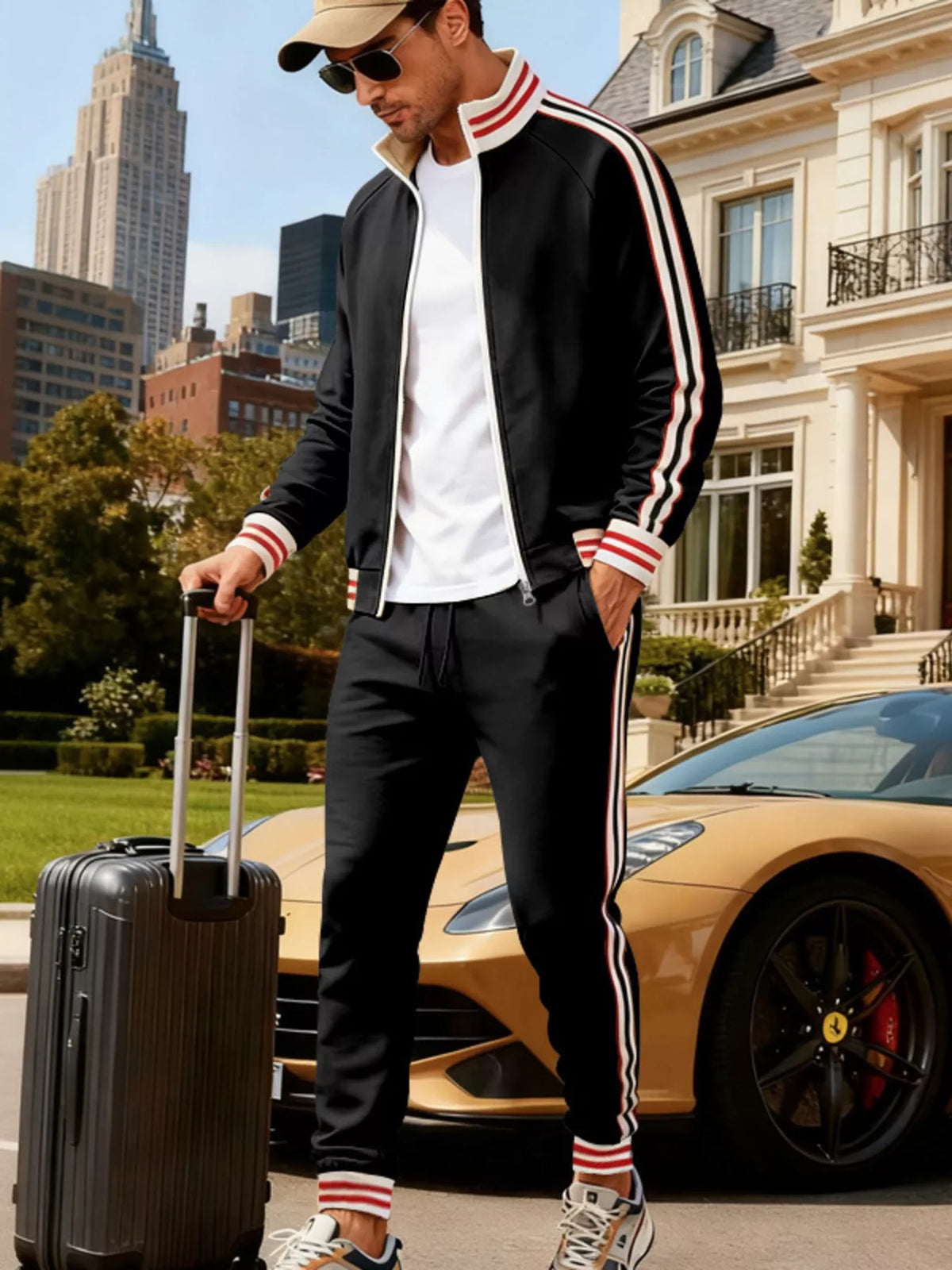 Black zip-front tracksuit jacket with red-white striped sleeve trim and matching pants