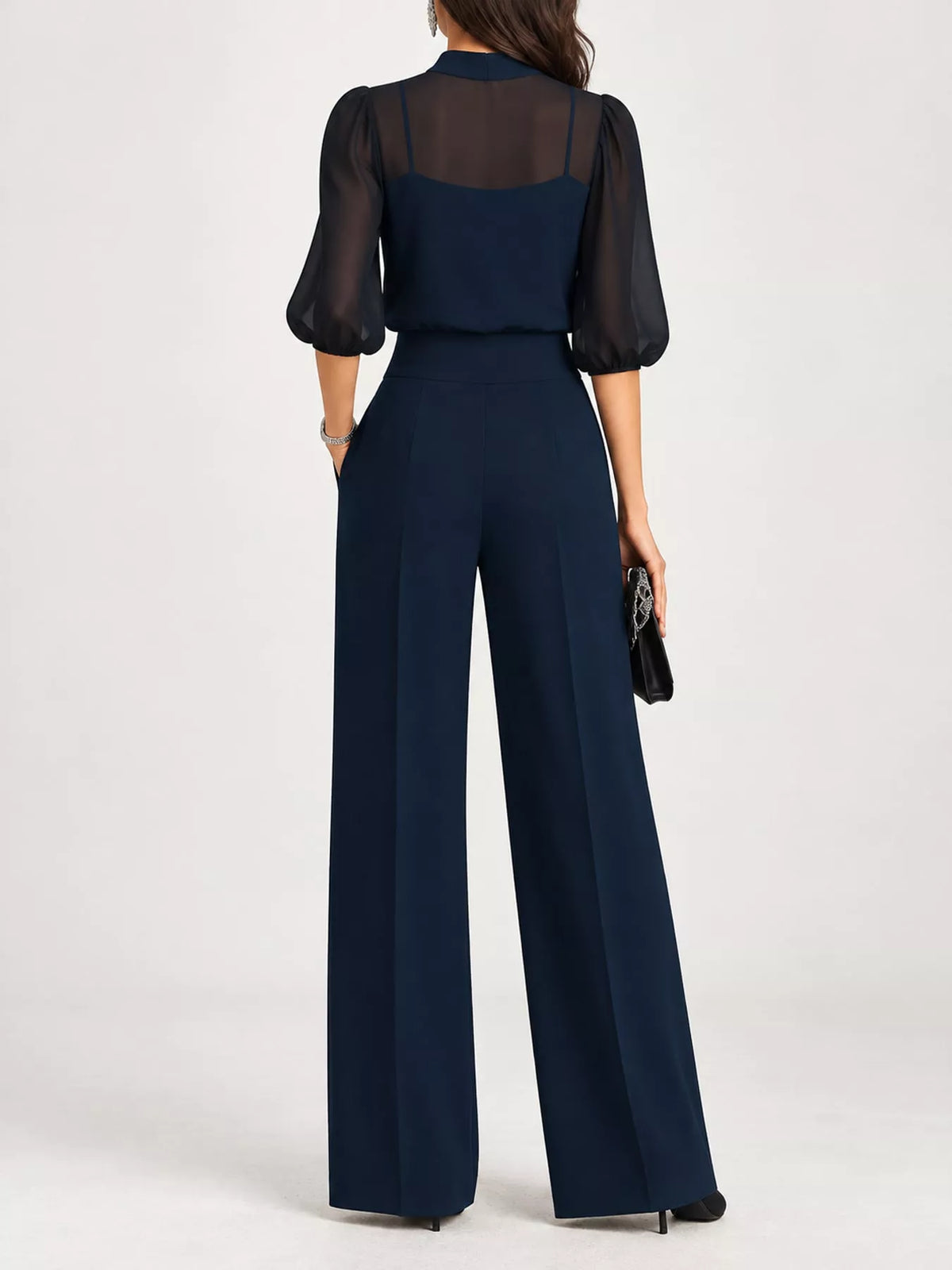 Navy mock-neck sheer puff-sleeve top and wide-leg pants set, open back