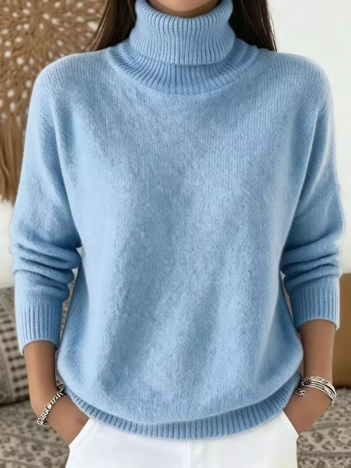 Women's stretchy turtleneck sweater, long sleeve, light blue knit with ribbed cuffs