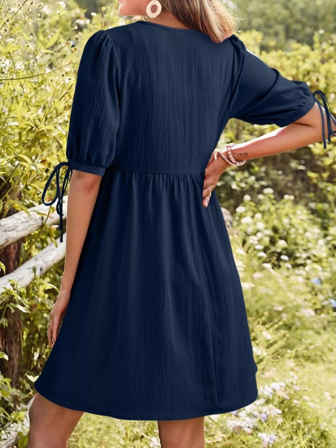 Tie-Neck Puff Sleeve A-Line Mini Dress in navy blue