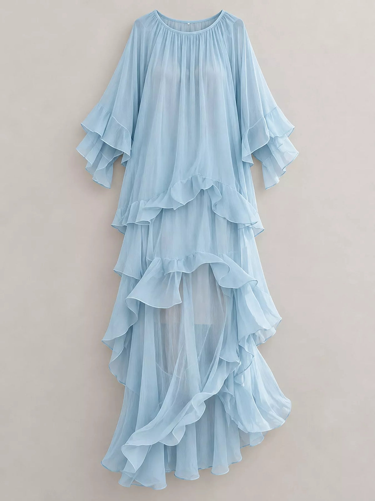 Sky blue ruffled layered maxi dress with tiered skirt layers, full view