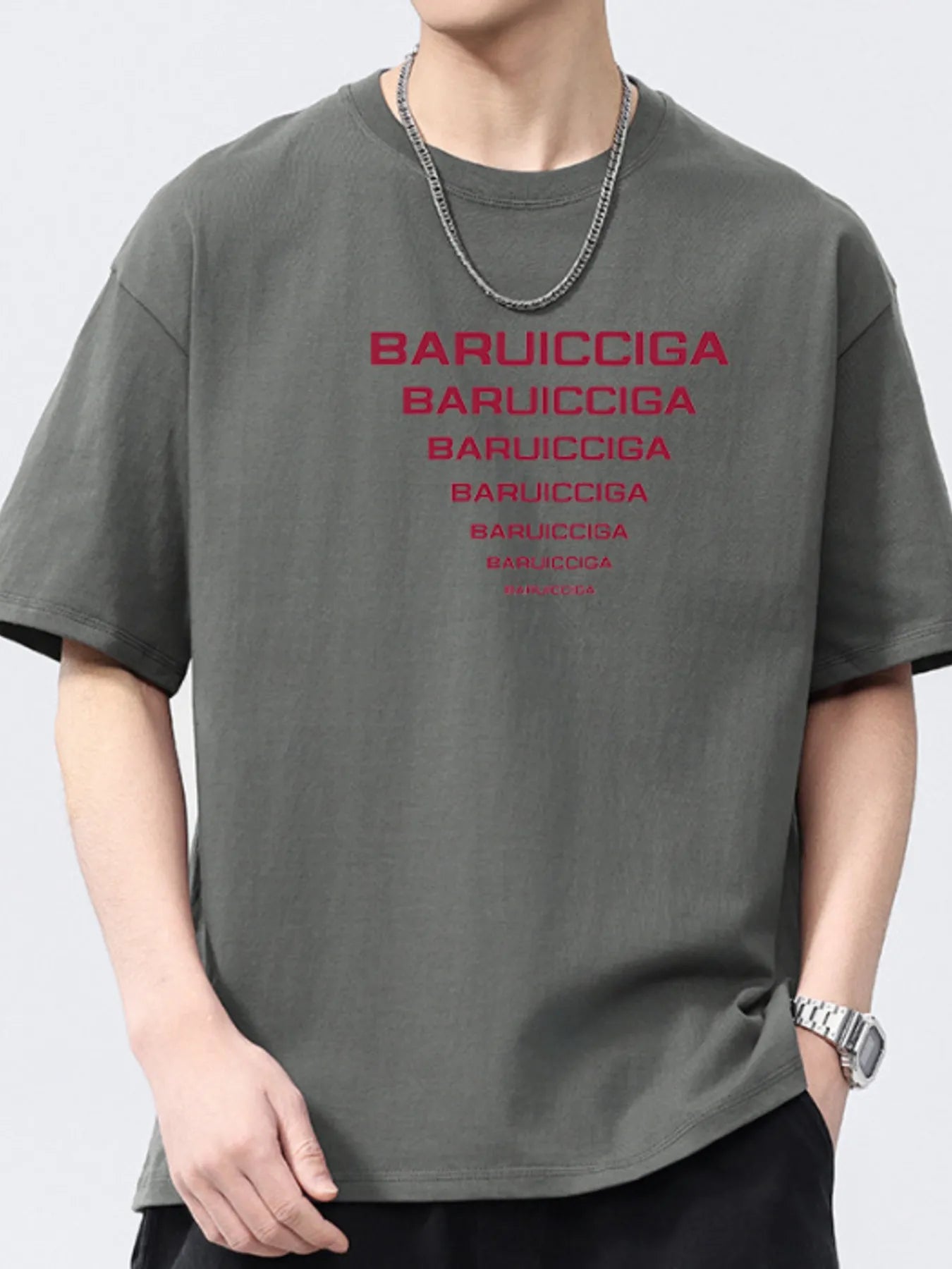 Gray round-neck short-sleeve T-shirt with red logo text print.