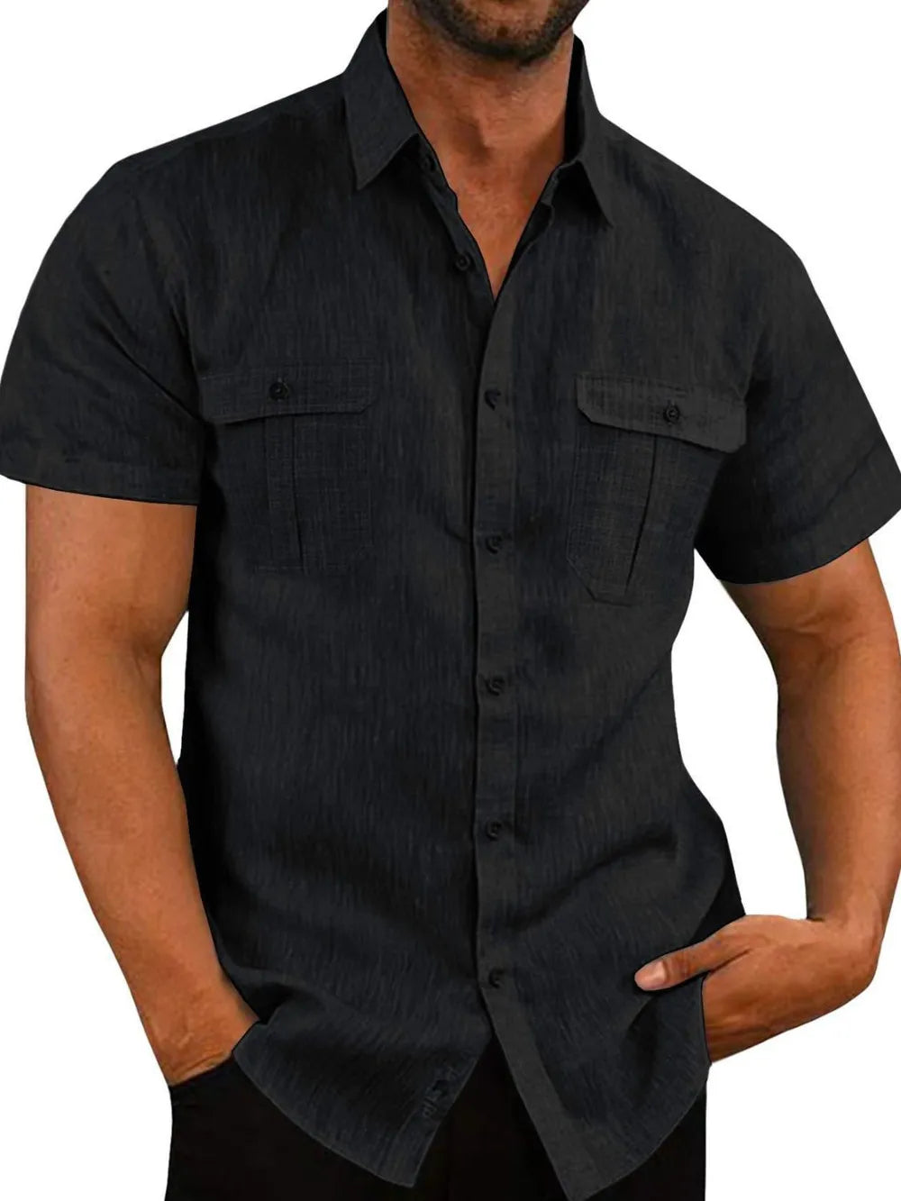 Black men's short-sleeve collared button-up shirt with chest pockets