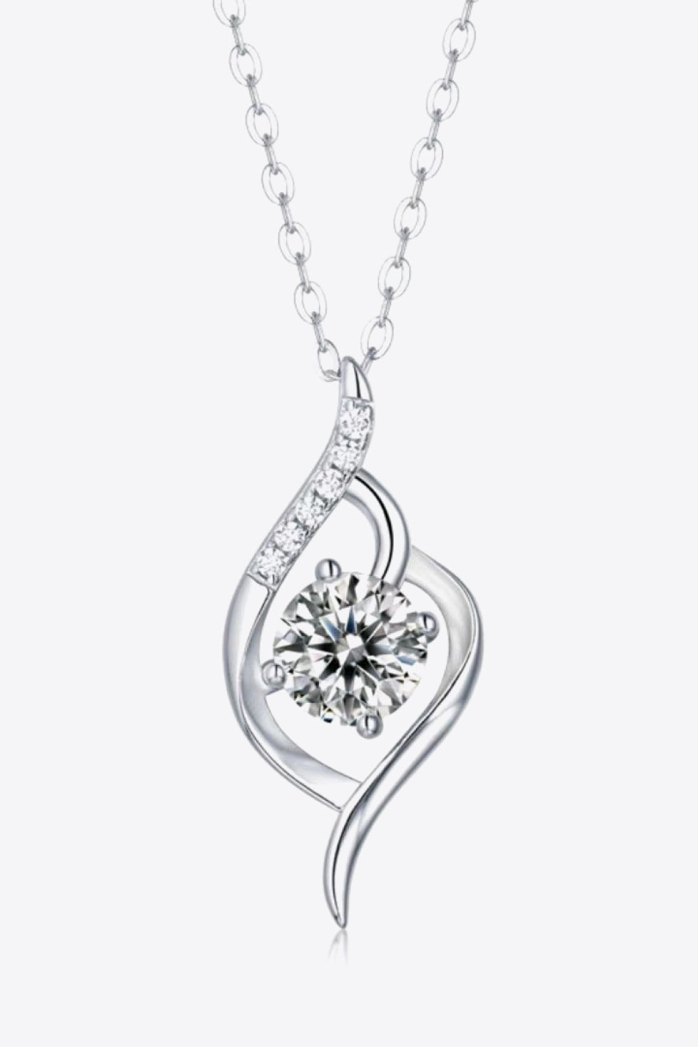 Silver moissanite pendant necklace with heart teardrop pendant and prong-set round stones