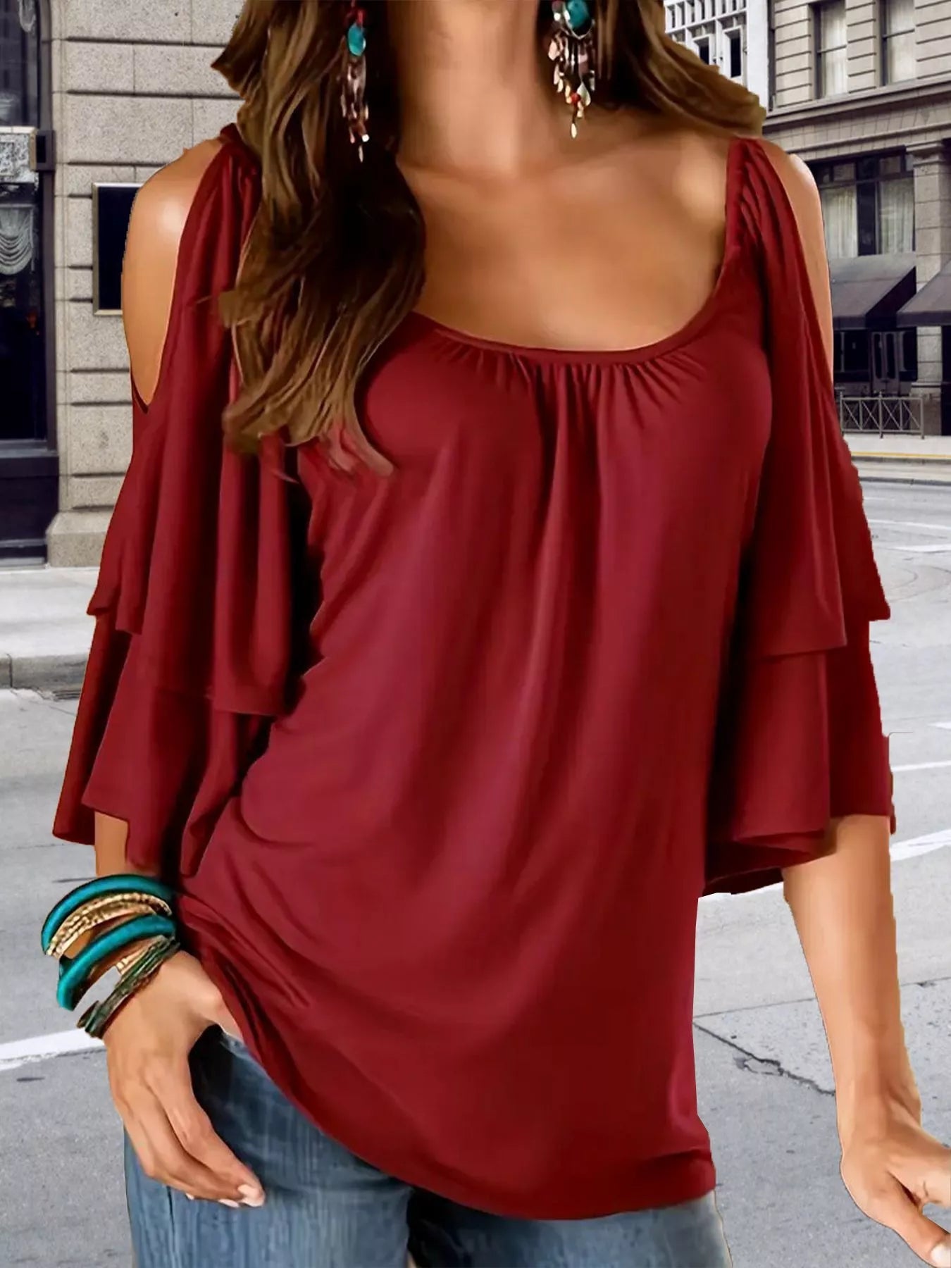 Burgundy cold-shoulder ruffle-sleeve T-shirt with gathered square neckline