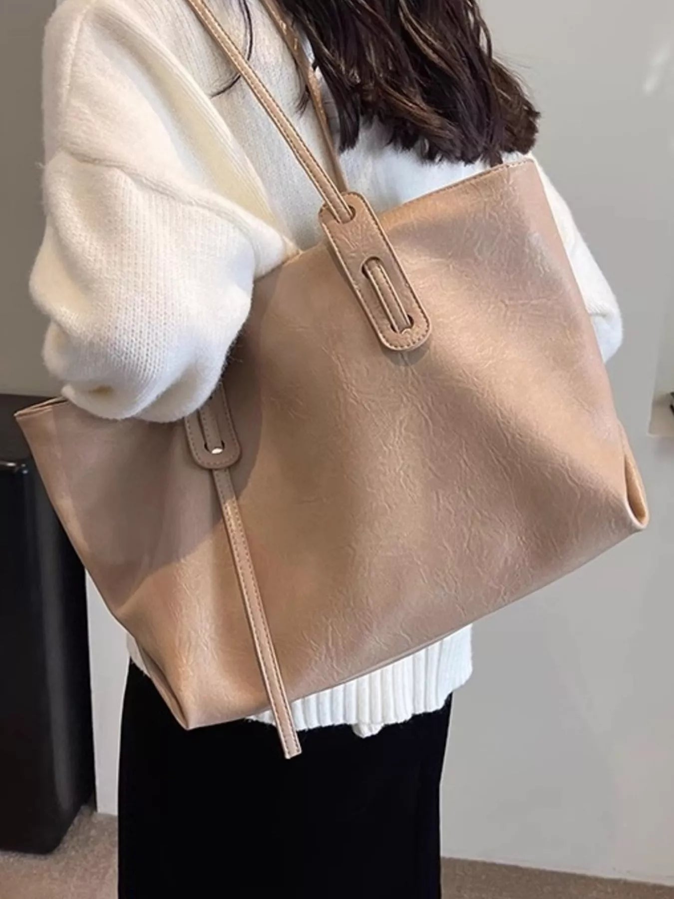 PU Leather Shoulder Bag in nude beige, large tote with long shoulder strap