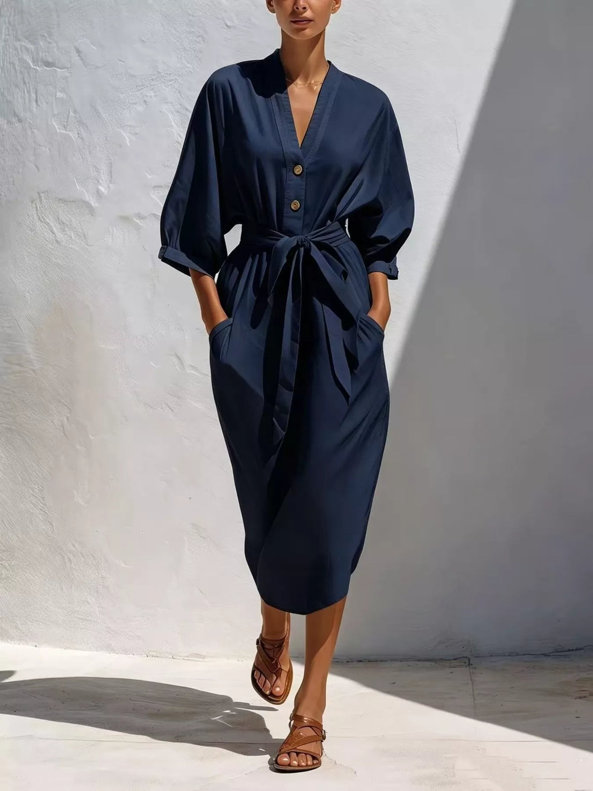 Navy tie-waist V-neck midi dress with pockets, button-front and waist tie