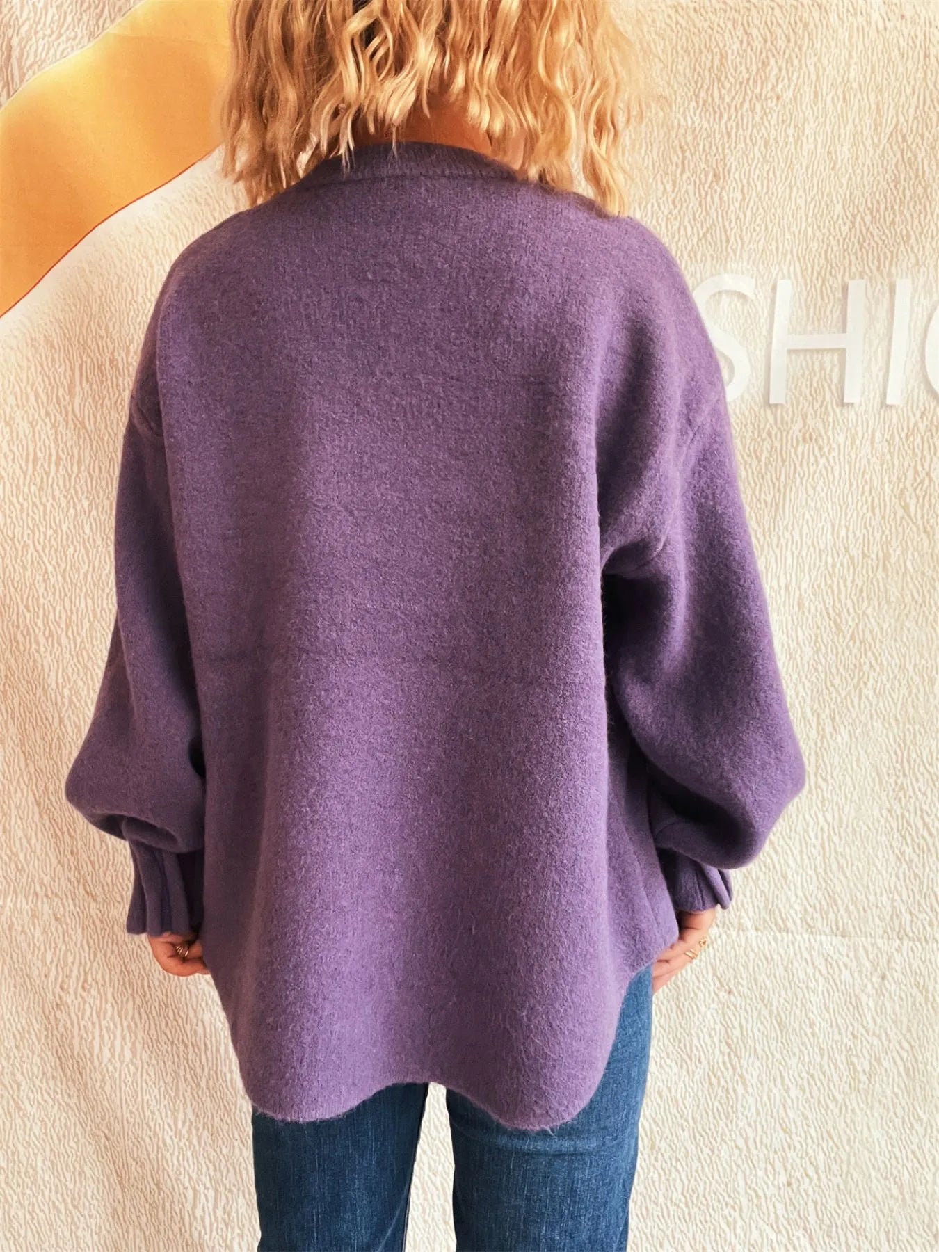 Dropped-shoulder sweater, purple, back view, round neckline, long sleeves