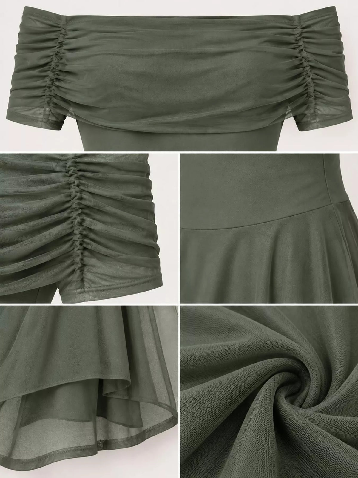 Army green sheer mesh maxi dress detail of ruched neckline and pleated flared hem