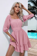 Blush pink square-neck ruffle hem dress with gathered waist and puff sleeves