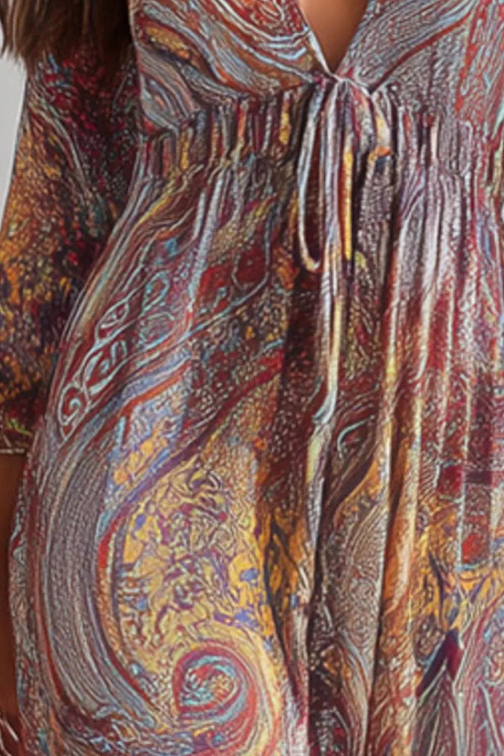 Paisley long-sleeve maxi dress close-up of gathered smocked bodice and V-neck details