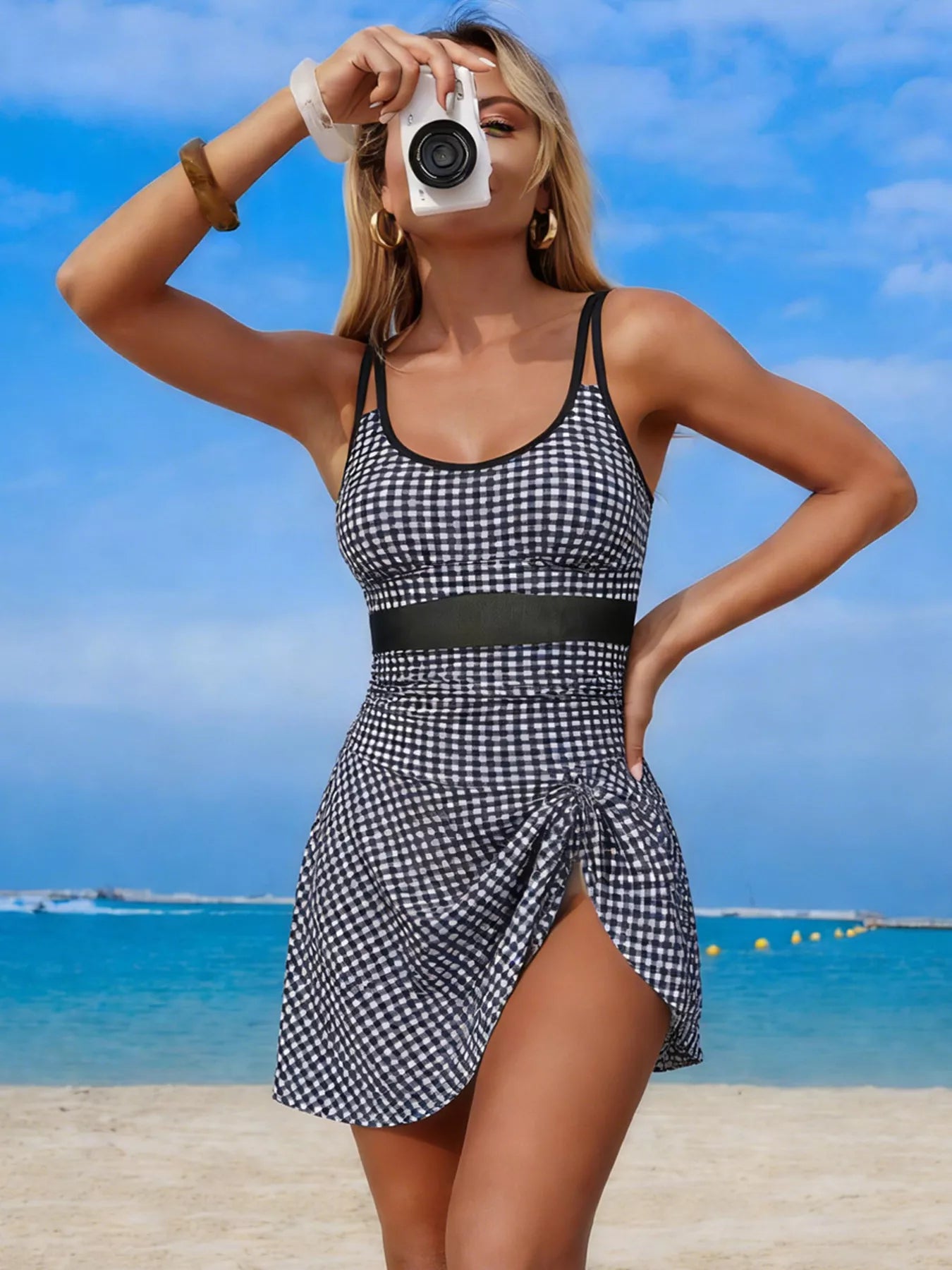 Mesh Panel Scoop Neck One-Piece Swimsuit by Trendsi in black-and-white gingham