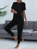 Shiny round-neck short-sleeve top and jogger pants set, black