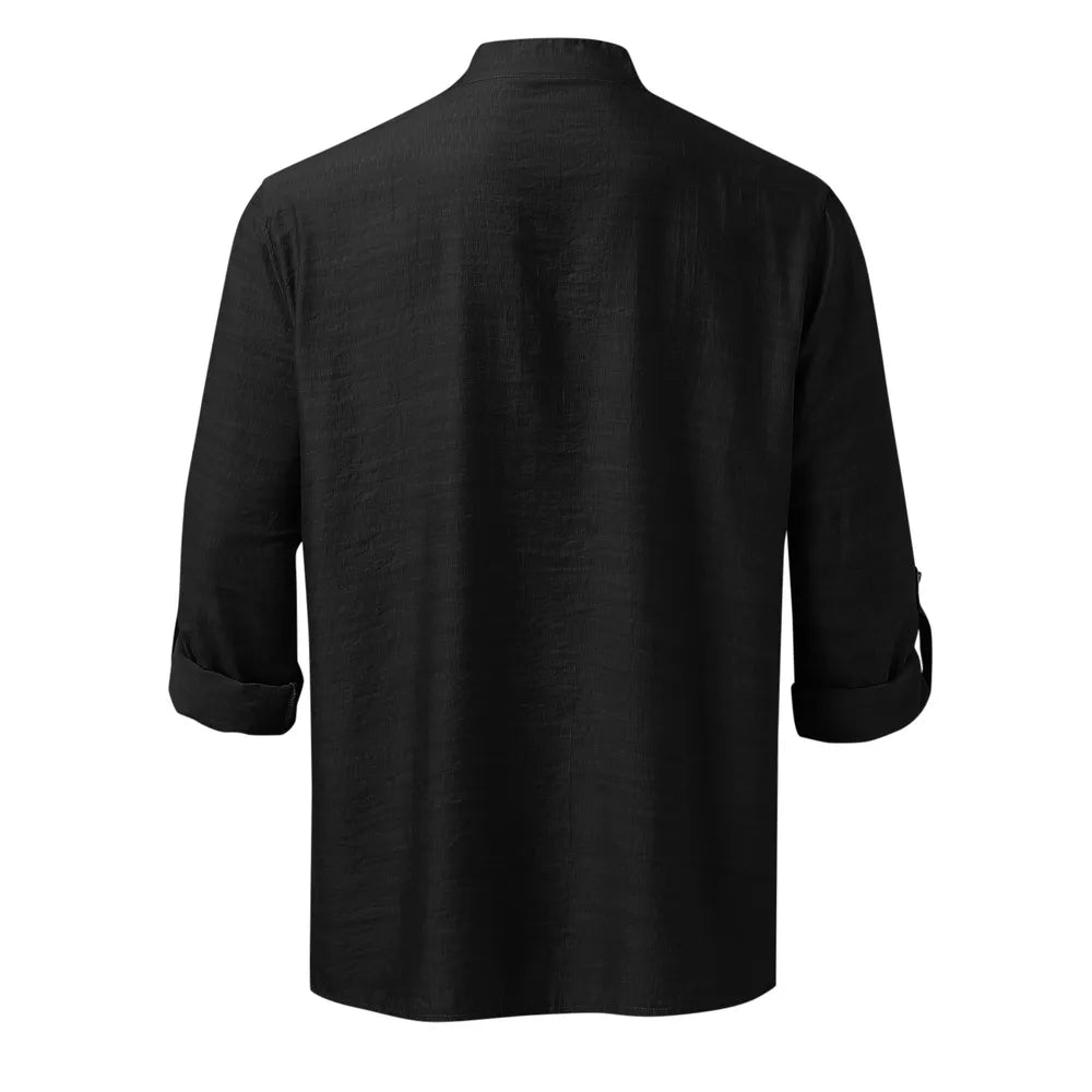 Men's black half-button long sleeve shirt, back view