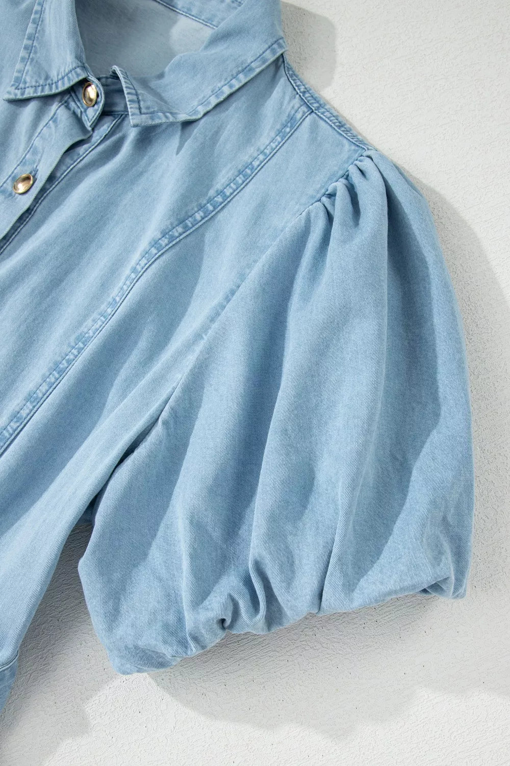 Cedar & Moore Full Buttons Collared Short Bubble Sleeve Long Denim Dress in light blue denim, button front