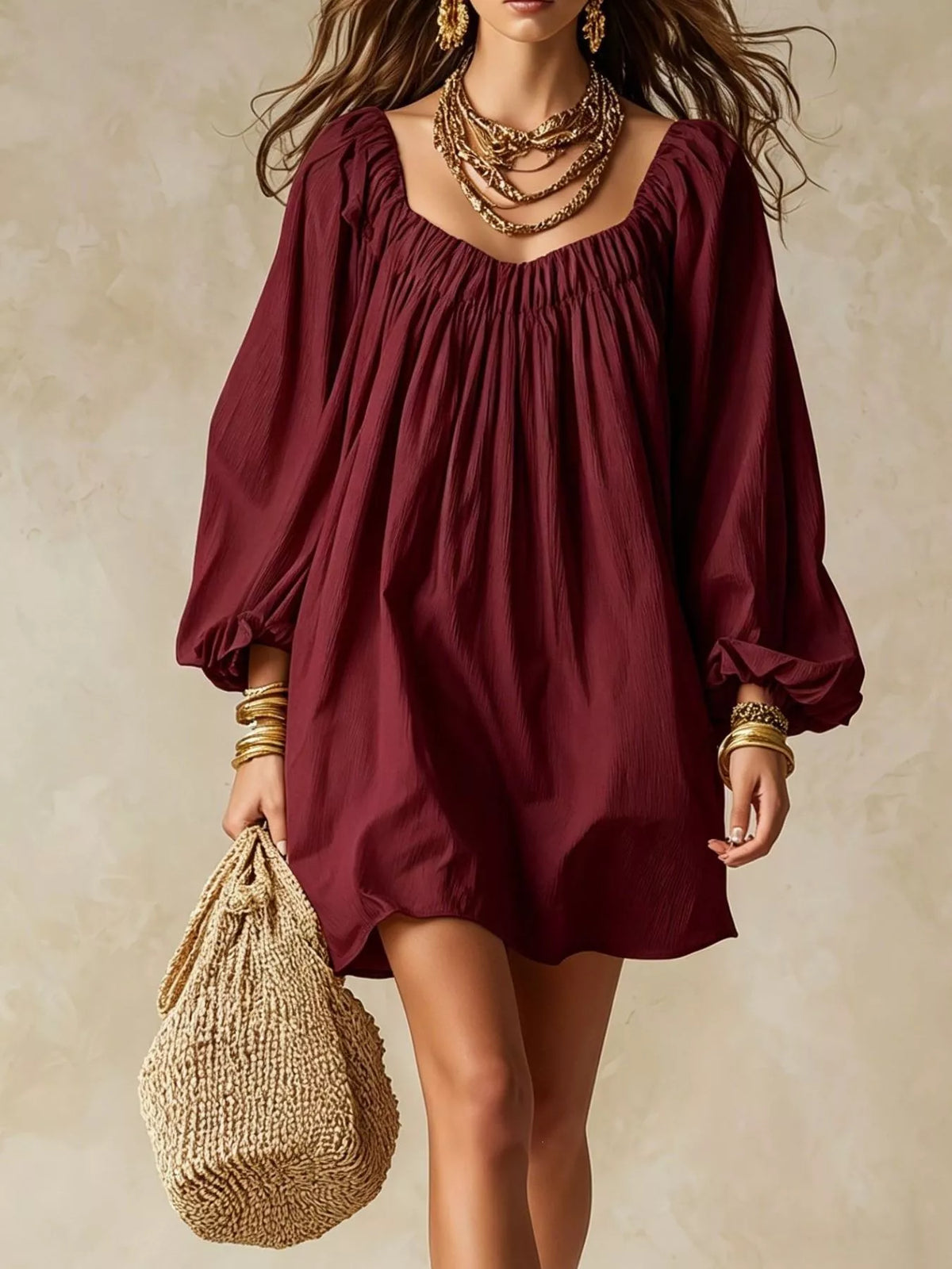 Burgundy gathered mini dress with balloon sleeves and square neckline