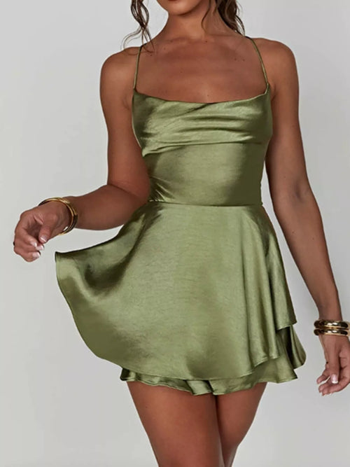 Green backless layered ruffle cami dress with spaghetti straps and fitted bodice