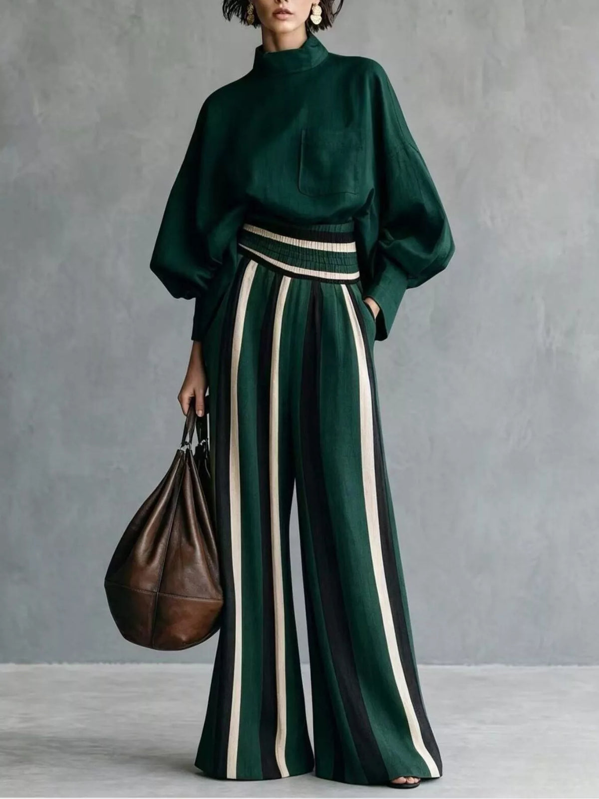 Dark green mock-neck top and vertically striped wide-leg pants two-piece set