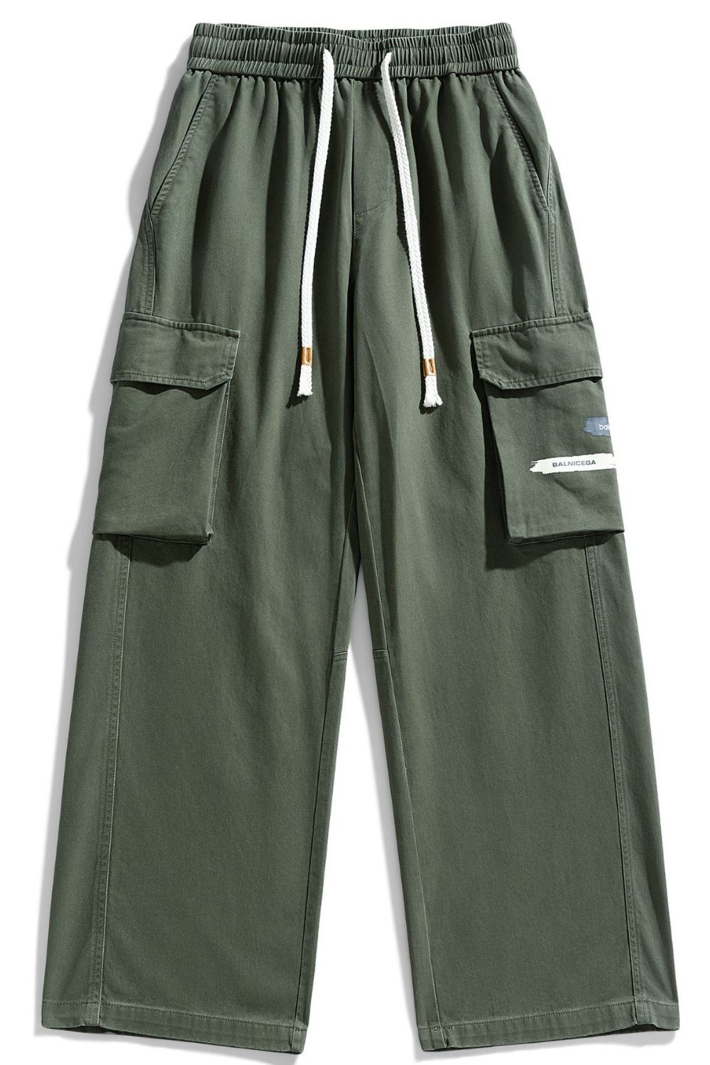 Men's loose cargo pants, army green, with elastic waist, drawstring, and side cargo pockets