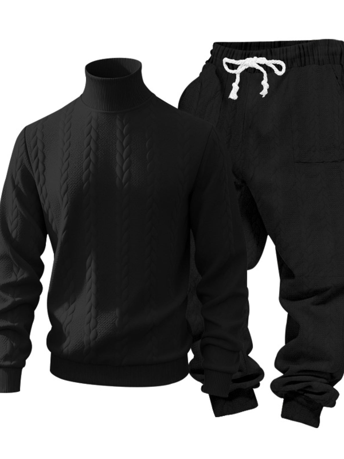 Men's black mock neck sweater and joggers set, knit texture and cuff close-up
