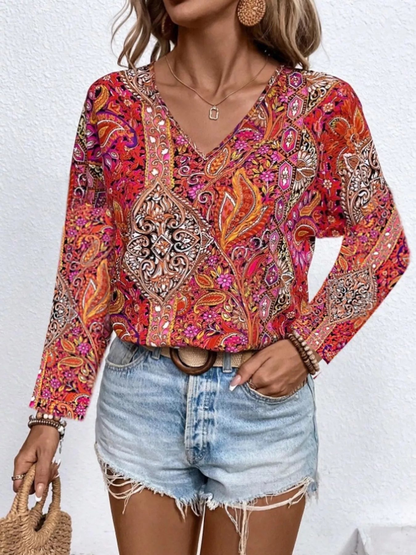 Multicolor paisley print V-neck long sleeve blouse in red and magenta tones
