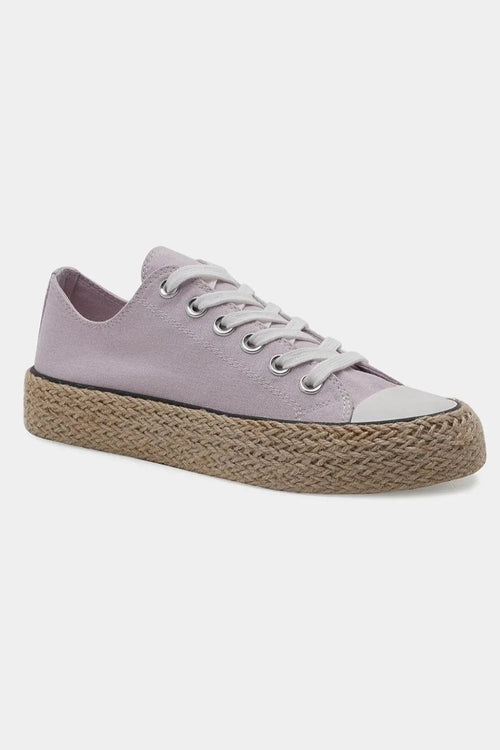 Lilac canvas lace-up sneakers with braided espadrille platform sole and white laces