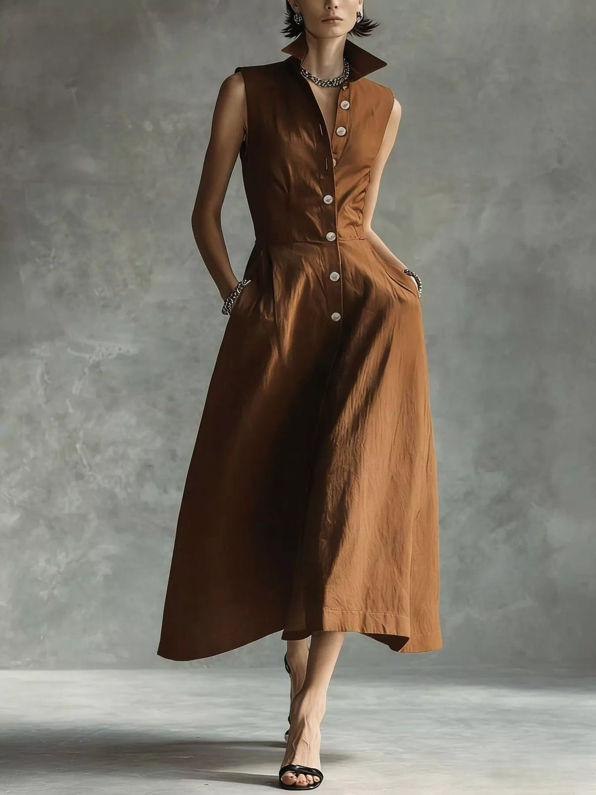 Brown sleeveless midi button shirt dress with pointed collar and button front, flared hem.