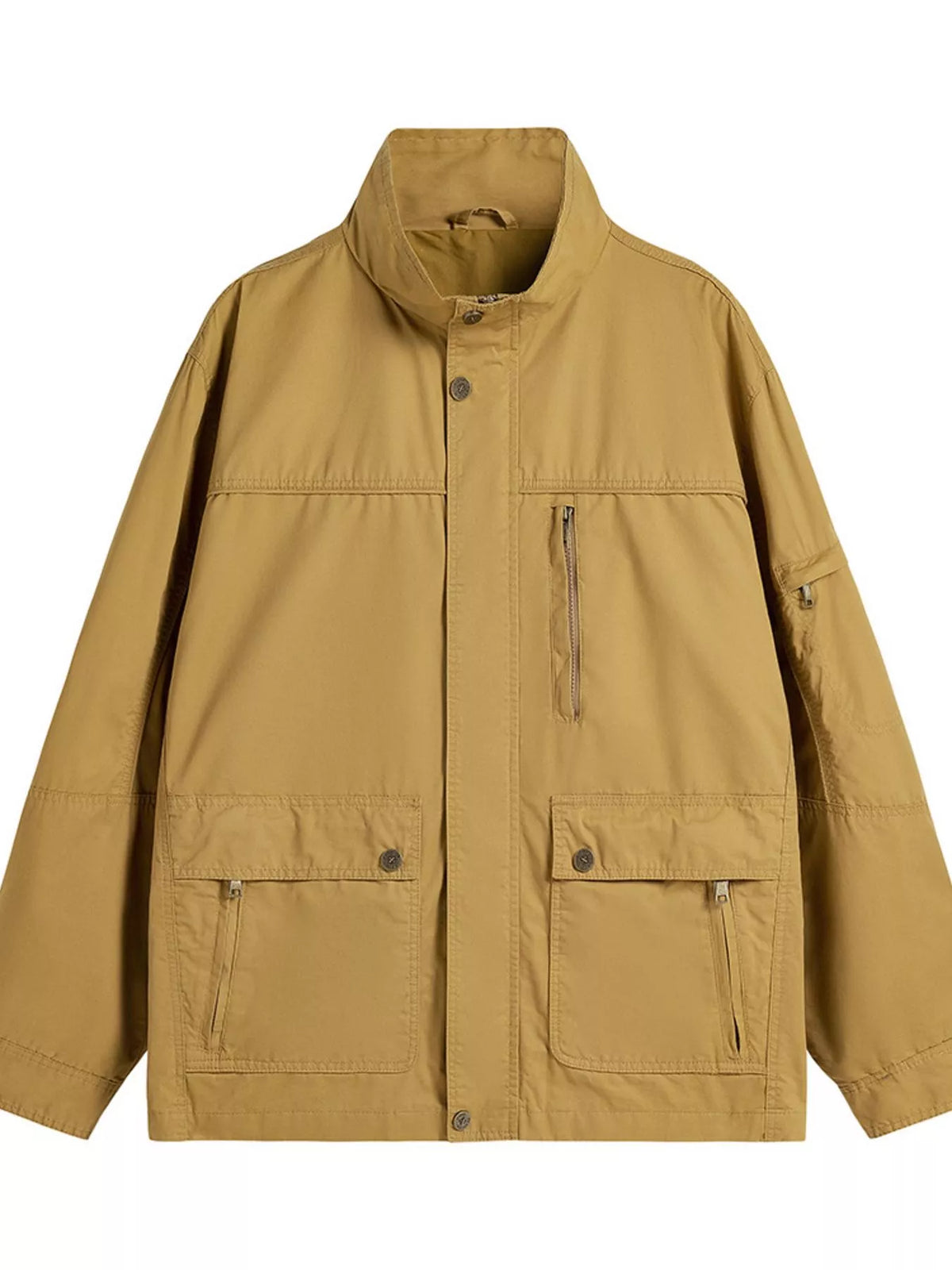 Khaki zip-up lightweight jacket with stand collar and front utility pockets