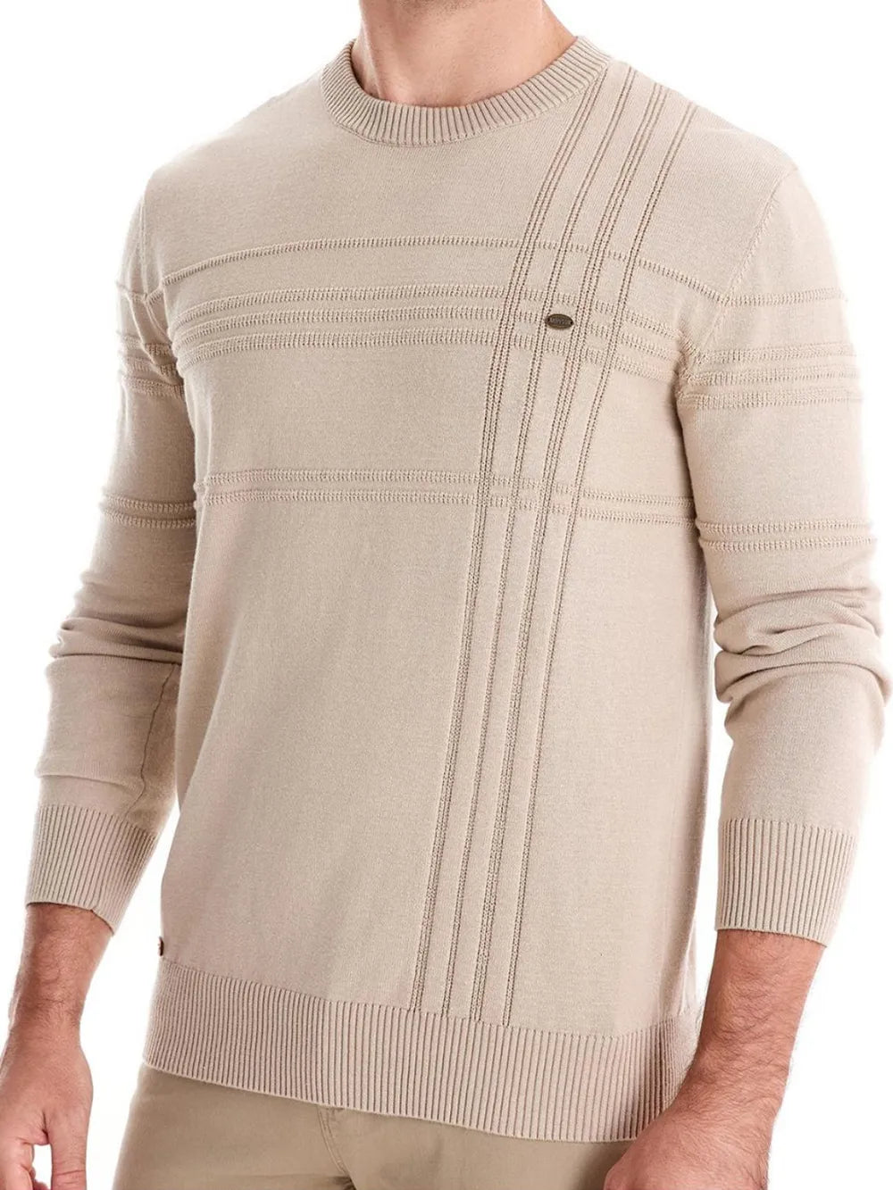 Light cream men’s round-neck striped knit sweater with button-detail chest panel