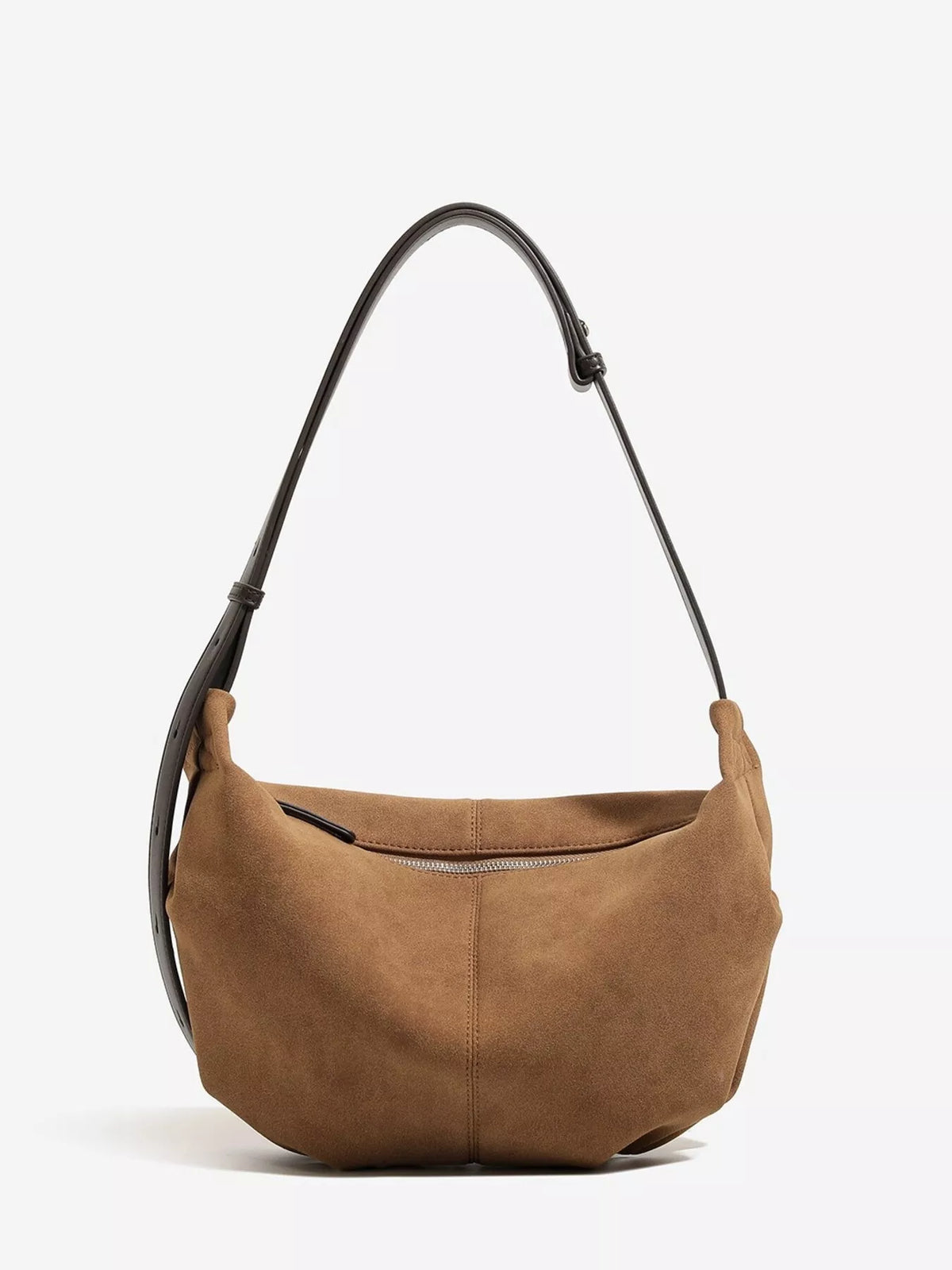 Brown suede crescent shoulder bag with adjustable strap and front zipper detail