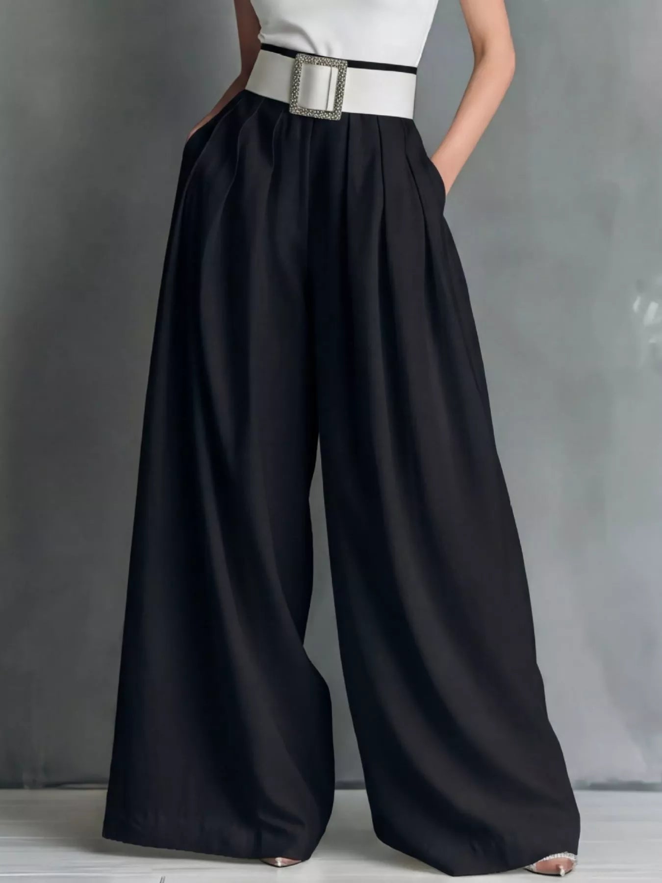 Black high-waisted wide-leg pants with wide belt band and square buckle