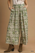Sage green bohemian print pants with pockets, wide-leg, elastic waist