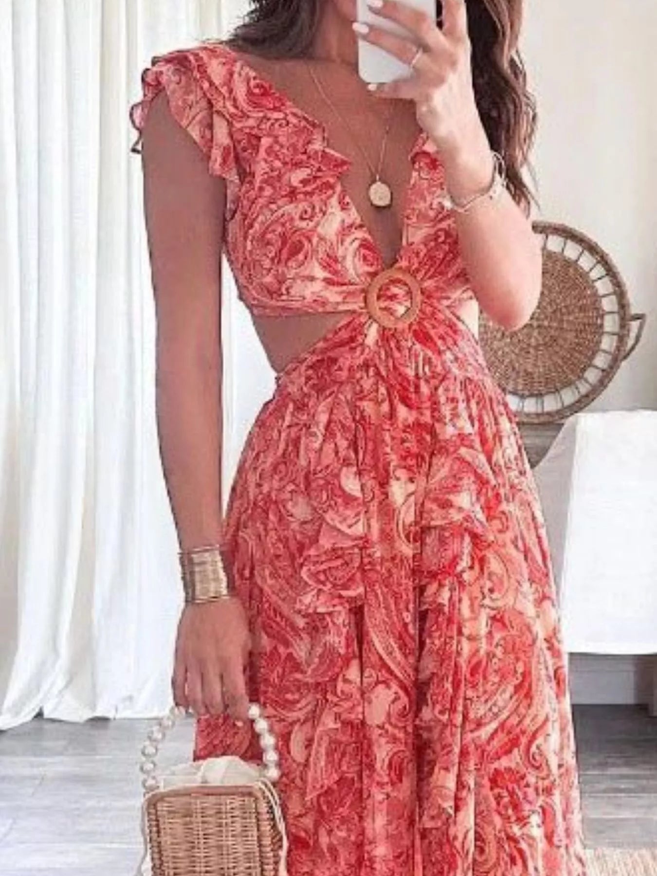 Cedar & Moore Full Size Ruffled Cutout V-Neck Maxi Dress Plus Size by Trendsi, coral print