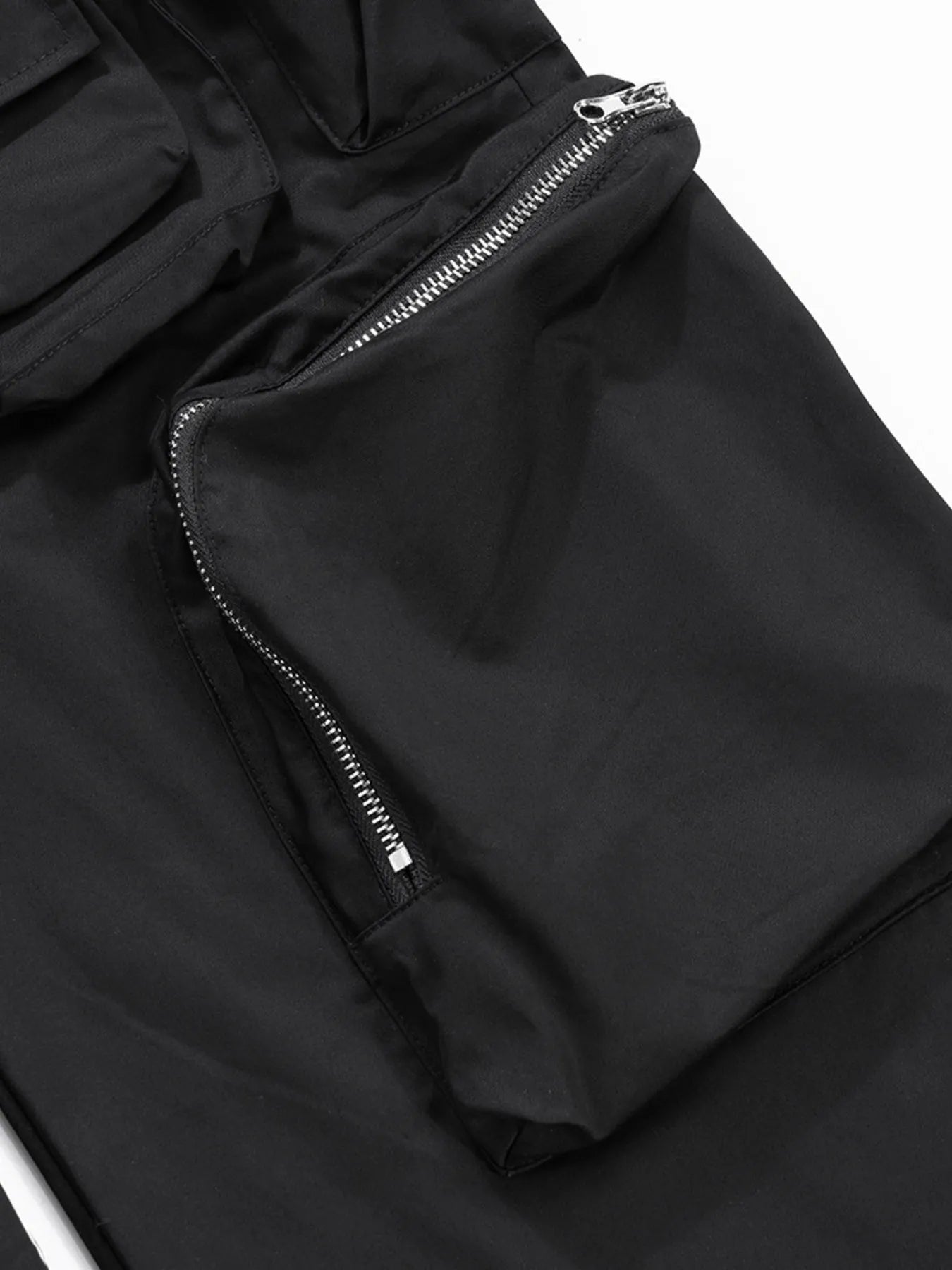 Men's black cargo pants, zippered utility pocket with stitched flap detail