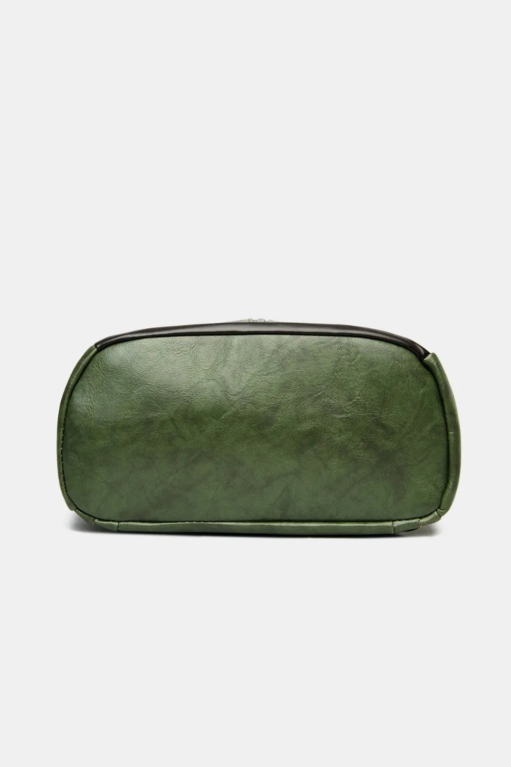 Dark green vegan leather backpack bag with zippered top and curved front pocket
